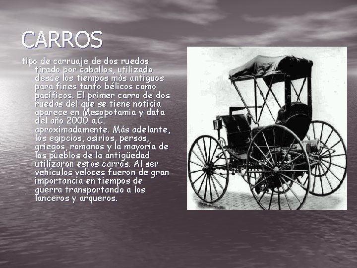 CARROS tipo de carruaje de dos ruedas tirado por caballos, utilizado desde los tiempos