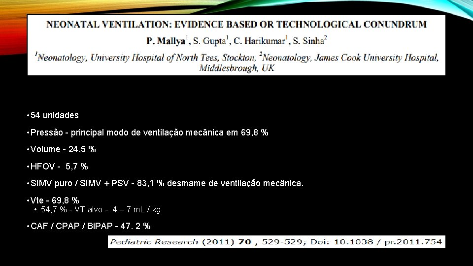  • 54 unidades • Pressão - principal modo de ventilação mecânica em 69,