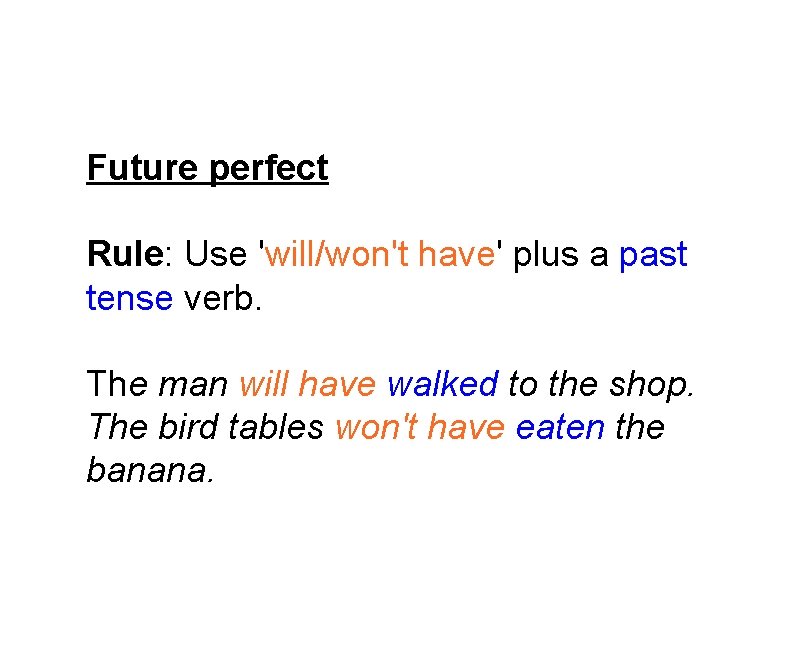 Future perfect Rule: Use 'will/won't have' plus a past tense verb. The man will