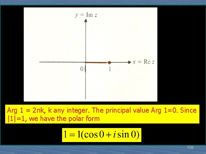 Arg 1 = 2πk, k any integer. The principal value Arg 1=0. Since |1|=1,