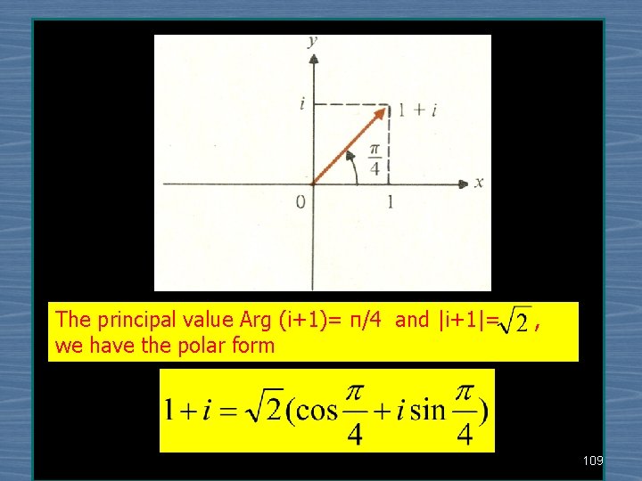 The principal value Arg (i+1)= π/4 and |i+1|= , we have the polar form