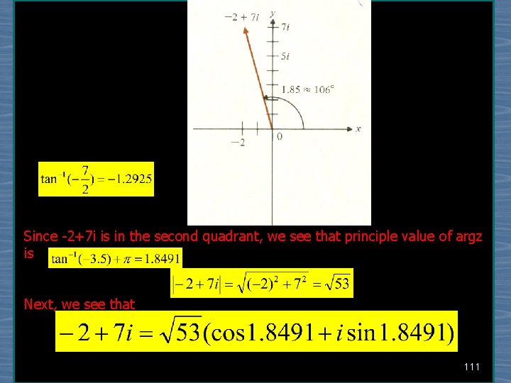 Since -2+7 i is in the second quadrant, we see that principle value of