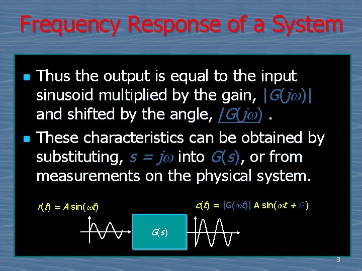 Frequency Response of a System n n Thus the output is equal to the