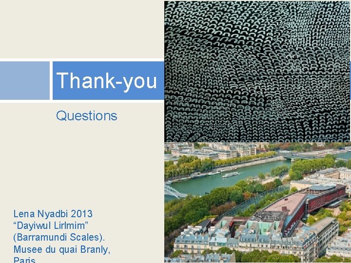 Thank-you Questions Lena Nyadbi 2013 “Dayiwul Lirlmim” (Barramundi Scales). Musee du quai Branly, 