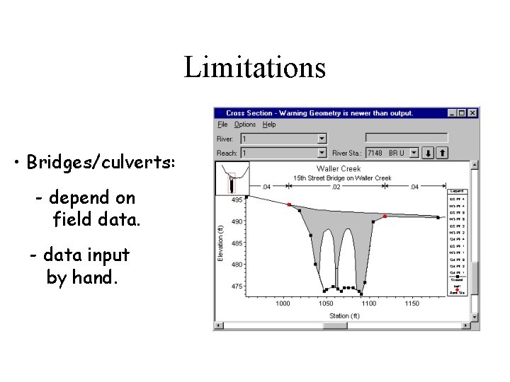 Limitations • Bridges/culverts: - depend on field data. - data input by hand. 