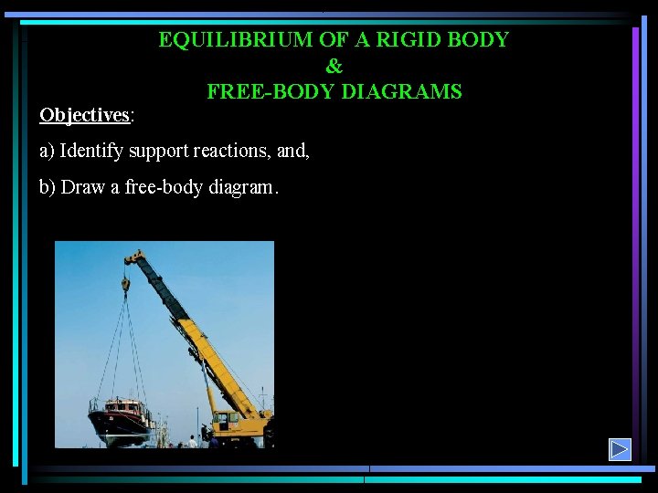 Objectives: EQUILIBRIUM OF A RIGID BODY & FREE-BODY DIAGRAMS a) Identify support reactions, and,