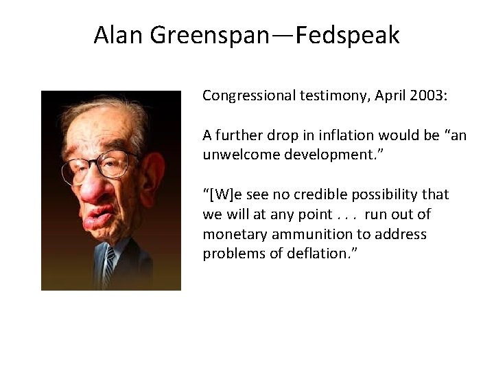 Alan Greenspan—Fedspeak Congressional testimony, April 2003: A further drop in inflation would be “an