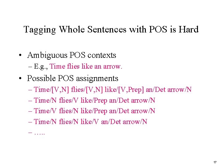 Tagging Whole Sentences with POS is Hard • Ambiguous POS contexts – E. g.