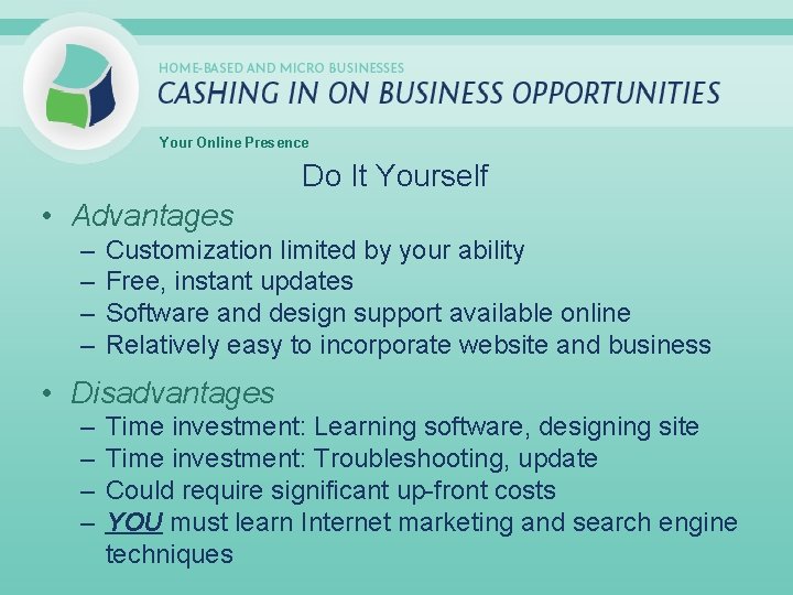 Your Online Presence Do It Yourself • Advantages – – Customization limited by your