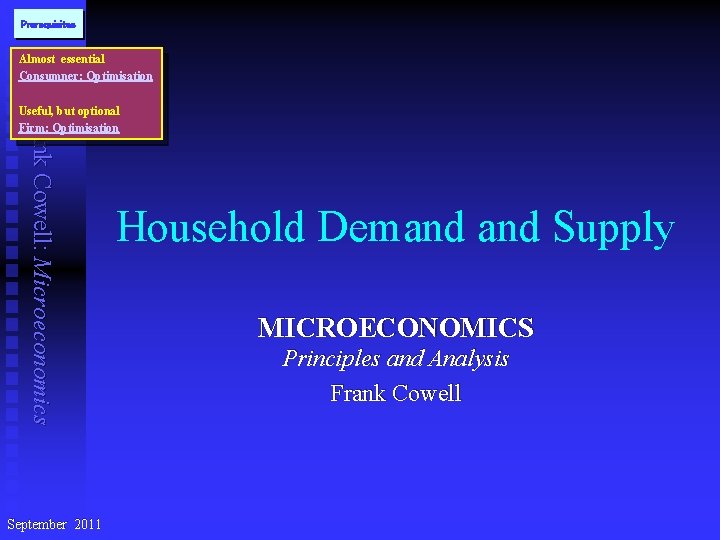 Prerequisites Almost essential Consumner: Optimisation Frank Cowell: Microeconomics Useful, but optional Firm: Optimisation September