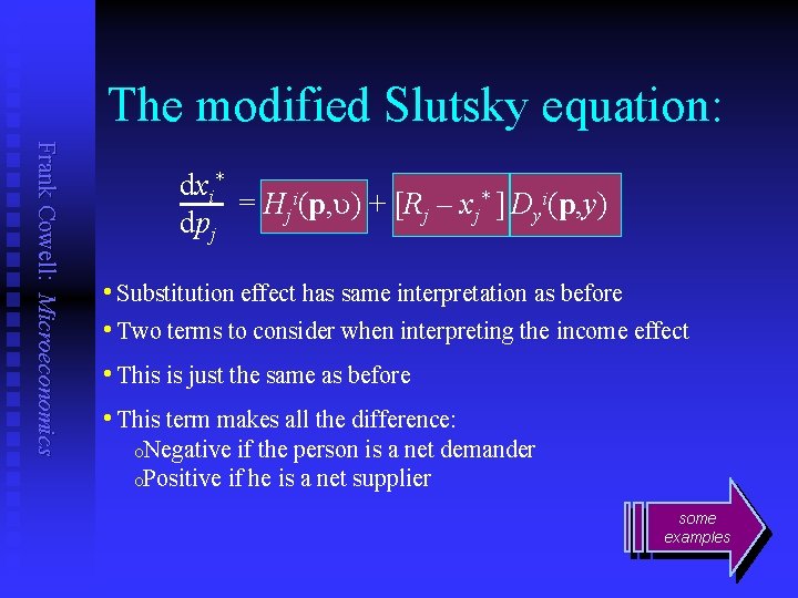The modified Slutsky equation: Frank Cowell: Microeconomics dxi* ── = Hji(p, u) + [Rj