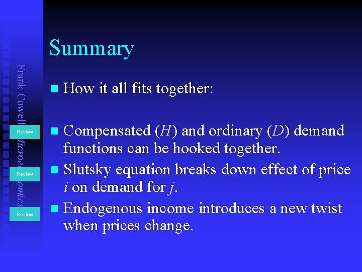 Summary Frank Cowell: Microeconomics Review n How it all fits together: Compensated (H) and