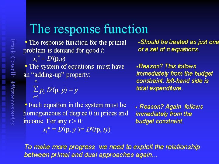 The response function Frank Cowell: Microeconomics response function for the primal problem is demand