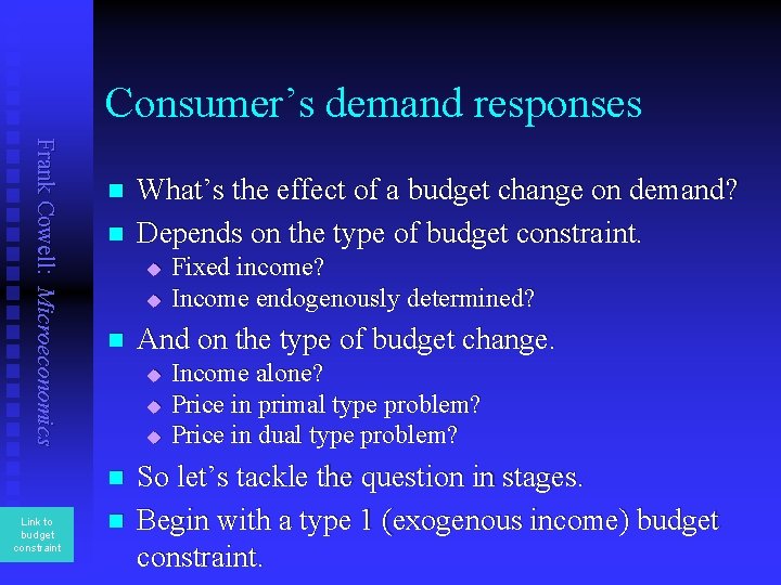 Consumer’s demand responses Frank Cowell: Microeconomics n n u u n Fixed income? Income