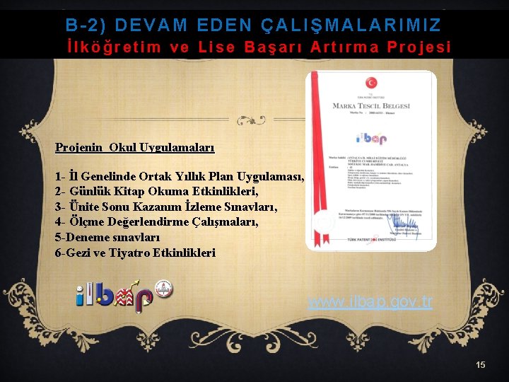 B-2) DEVAM EDEN ÇALIŞMALARIMIZ İlköğretim ve Lise Başarı Artırma Projesi Projenin Okul Uygulamaları 1