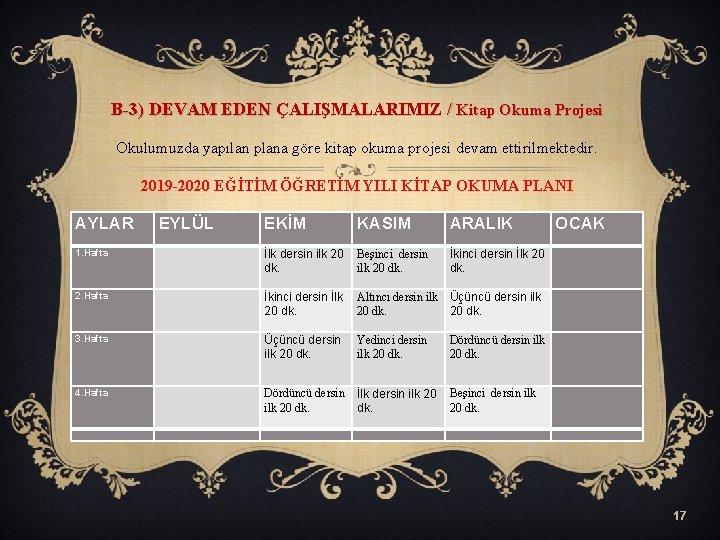 B-3) DEVAM EDEN ÇALIŞMALARIMIZ / Kitap Okuma Projesi Okulumuzda yapılan plana göre kitap okuma