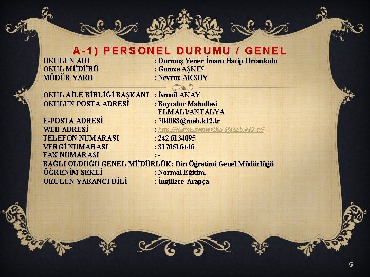 A-1) PERSONEL DURUMU / GENEL OKULUN ADI OKUL MÜDÜRÜ MÜDÜR YARD : Durmuş Yener