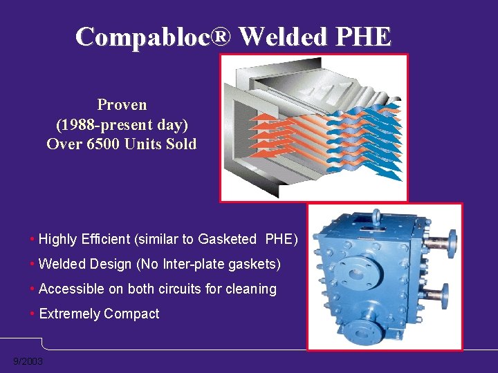 Compabloc® Welded PHE Proven (1988 -present day) Over 6500 Units Sold • Highly Efficient