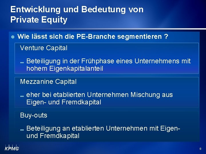 Entwicklung und Bedeutung von Private Equity Wie lässt sich die PE-Branche segmentieren ? Venture