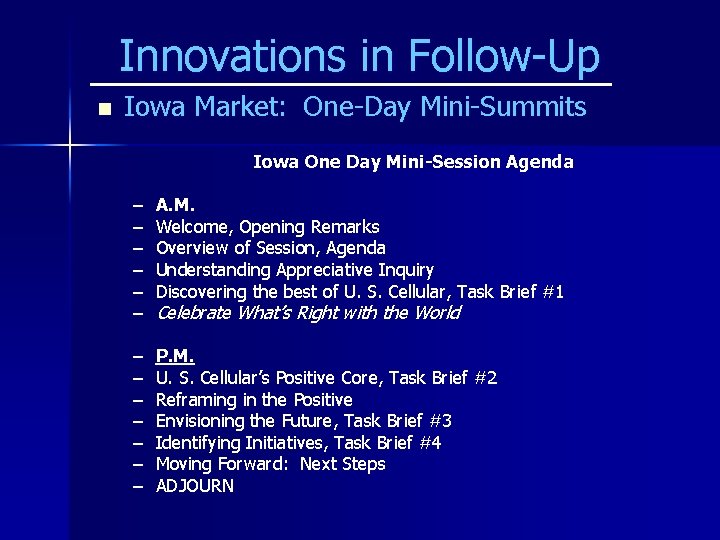 Innovations in Follow-Up n Iowa Market: One-Day Mini-Summits Iowa One Day Mini-Session Agenda –