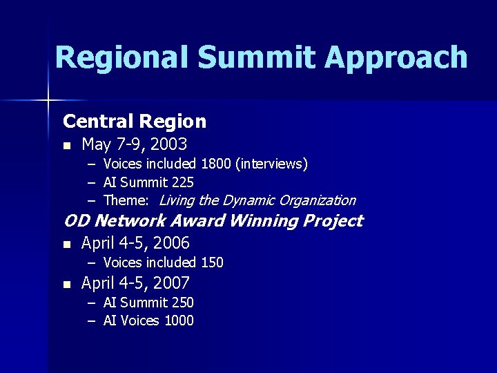 Regional Summit Approach Central Region n May 7 -9, 2003 – Voices included 1800