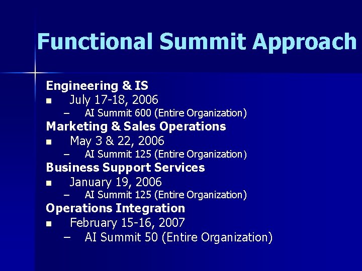 Functional Summit Approach Engineering & IS n July 17 -18, 2006 – AI Summit