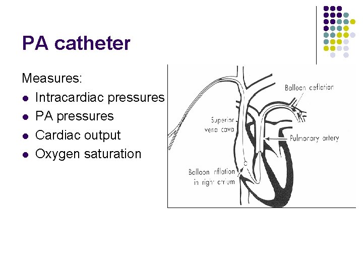 PA catheter Measures: l Intracardiac pressures l PA pressures l Cardiac output l Oxygen