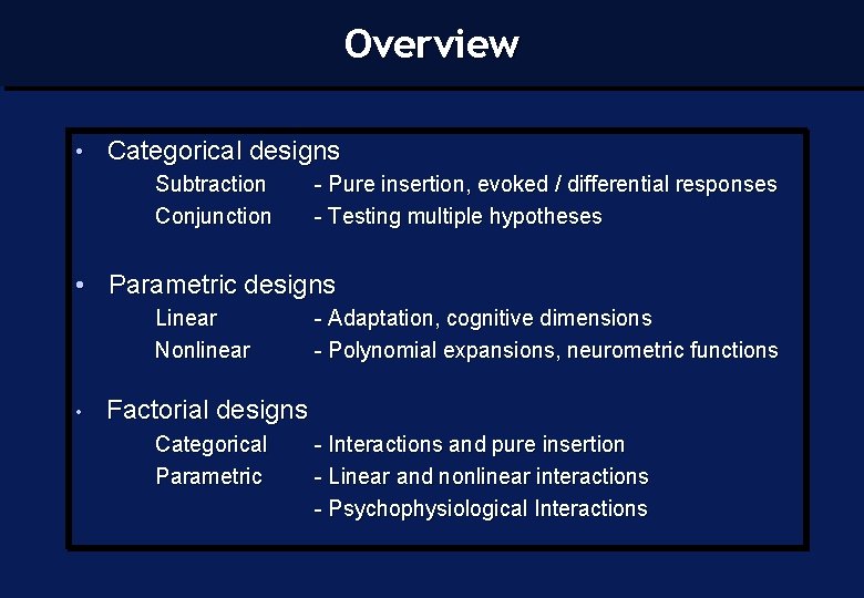 Overview • Categorical designs Subtraction Conjunction - Pure insertion, evoked / differential responses -
