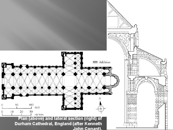Plan (above) and lateral section (right) of Durham Cathedral, England (after Kenneth 40 