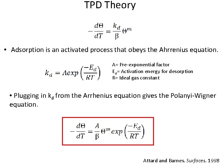 TPD Theory • Adsorption is an activated process that obeys the Ahrrenius equation. A=