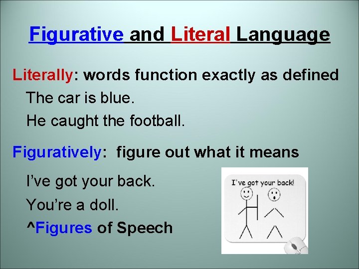 Figurative and Literal Language Literally: words function exactly as defined The car is blue.