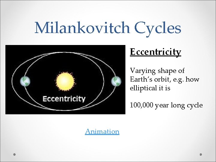 Milankovitch Cycles Eccentricity Varying shape of Earth’s orbit, e. g. how elliptical it is