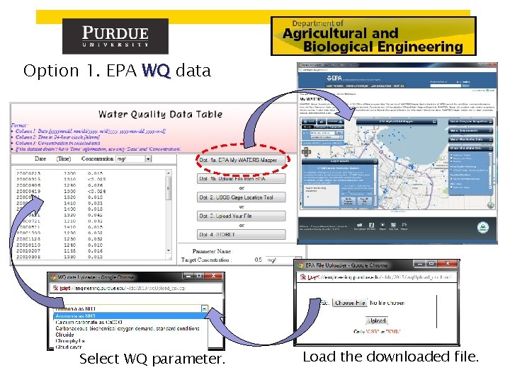 Option 1. EPA WQ data Select WQ parameter. Load the downloaded file. 