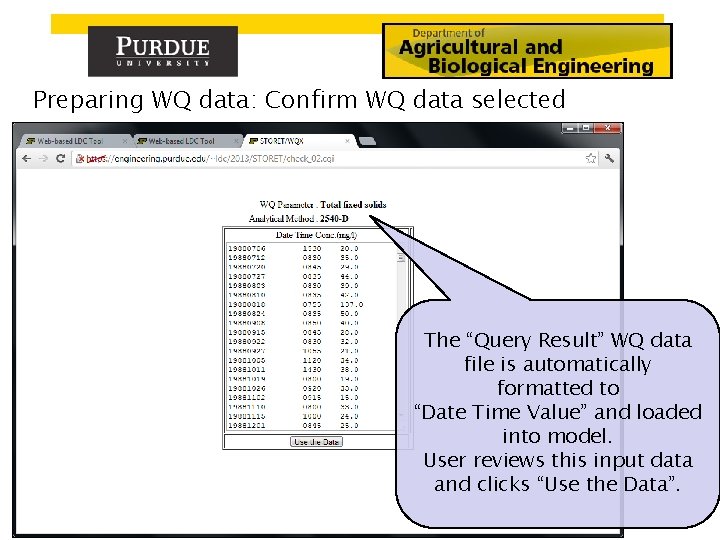 Preparing WQ data: Confirm WQ data selected The “Query Result” WQ data file is