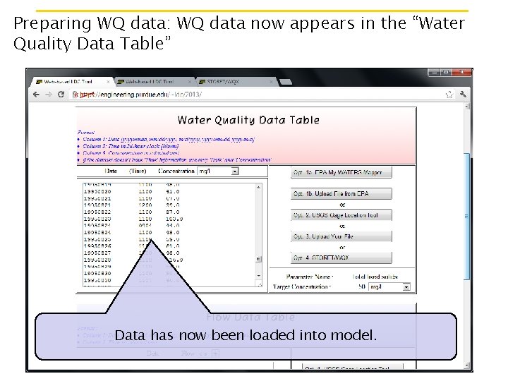 Preparing WQ data: WQ data now appears in the “Water Quality Data Table” Data