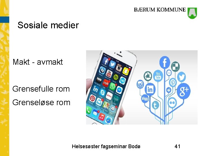 Sosiale medier Makt - avmakt Grensefulle rom Grenseløse rom Helsesøster fagseminar Bodø 41 