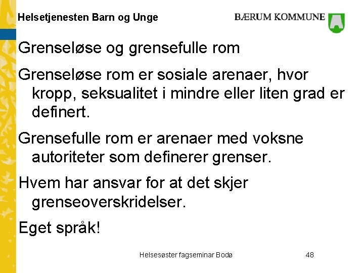 Helsetjenesten Barn og Unge Grenseløse og grensefulle rom Grenseløse rom er sosiale arenaer, hvor