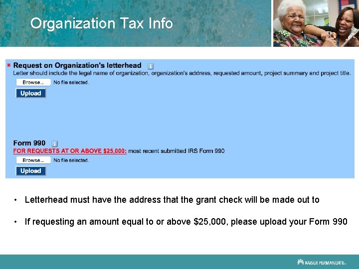 Organization Tax Info • Letterhead must have the address that the grant check will