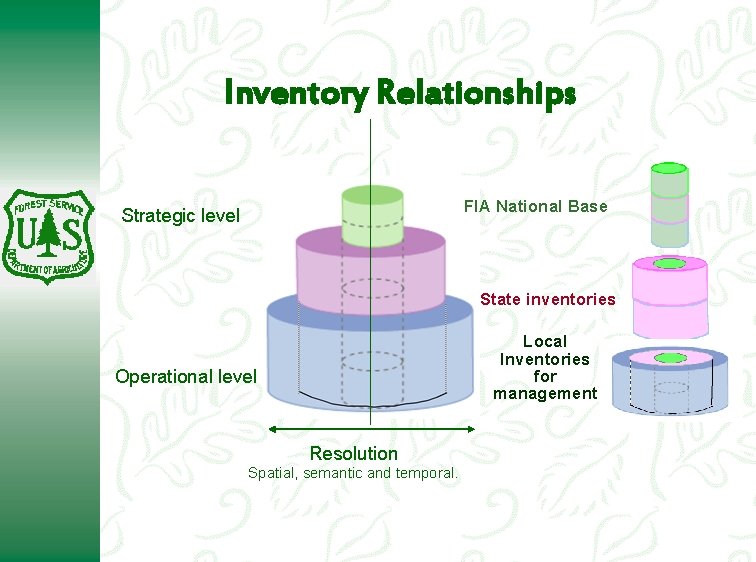 Inventory Relationships FIA National Base Strategic level State inventories Local Inventories for management Operational Inventory Relationships FIA National Base Strategic level State inventories Local Inventories for management Operational