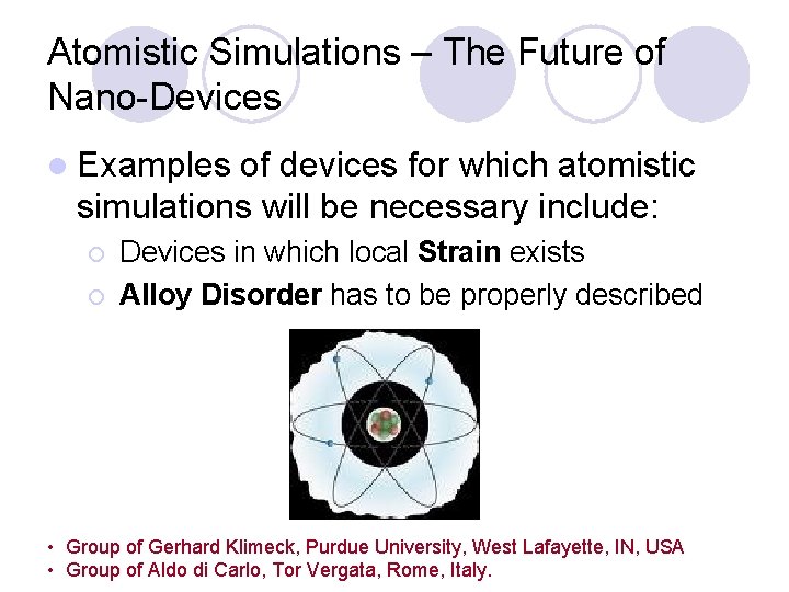 Atomistic Simulations – The Future of Nano-Devices l Examples of devices for which atomistic