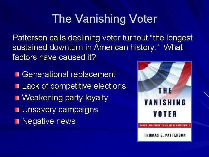 The Vanishing Voter Patterson calls declining voter turnout “the longest sustained downturn in American