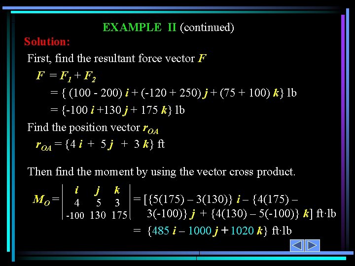 EXAMPLE II (continued) Solution: First, find the resultant force vector F F = F