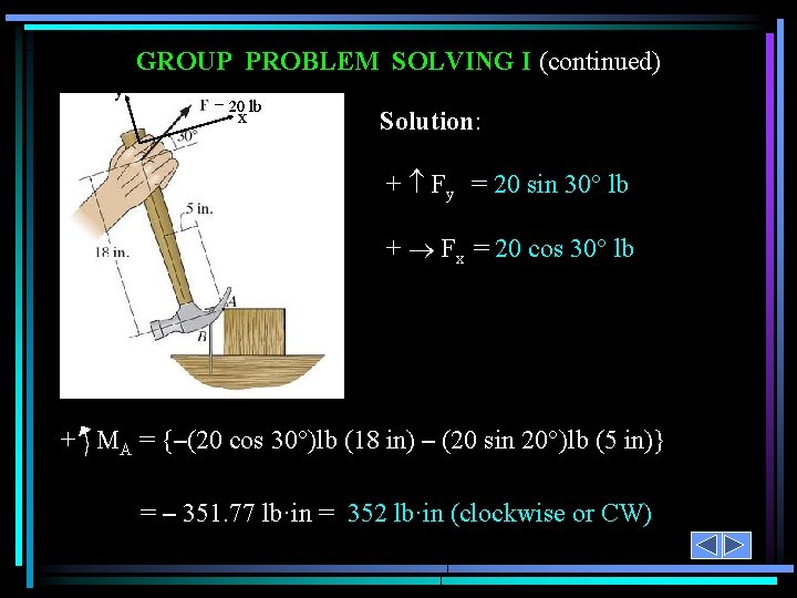 GROUP PROBLEM SOLVING I (continued) y x Solution: + Fy = 20 sin 30°