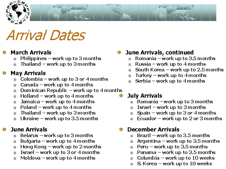 Arrival Dates March Arrivals Philippines – work up to 3 months Thailand – work