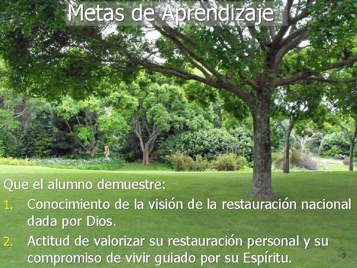 Metas de Aprendizaje Que el alumno demuestre: 1. Conocimiento de la visión de la