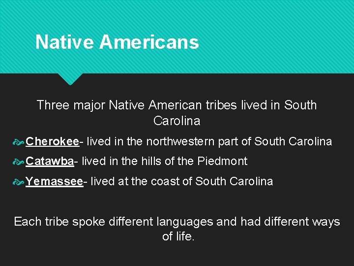 Native Americans Three major Native American tribes lived in South Carolina Cherokee- lived in