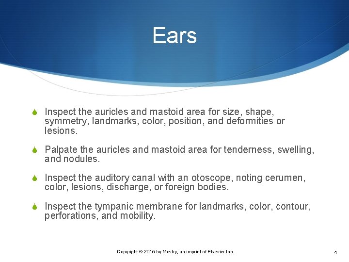 Ears S Inspect the auricles and mastoid area for size, shape, symmetry, landmarks, color,