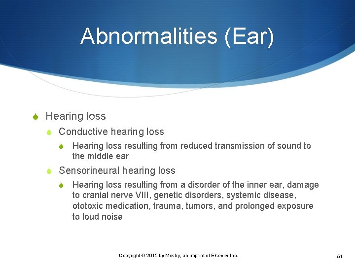 Abnormalities (Ear) S Hearing loss S Conductive hearing loss S Hearing loss resulting from
