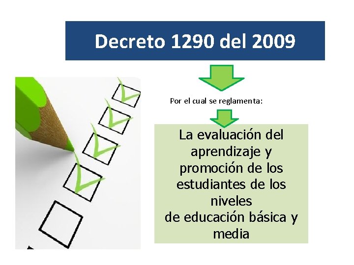 Decreto 1290 del 2009 Por el cual se reglamenta: La evaluación del aprendizaje y