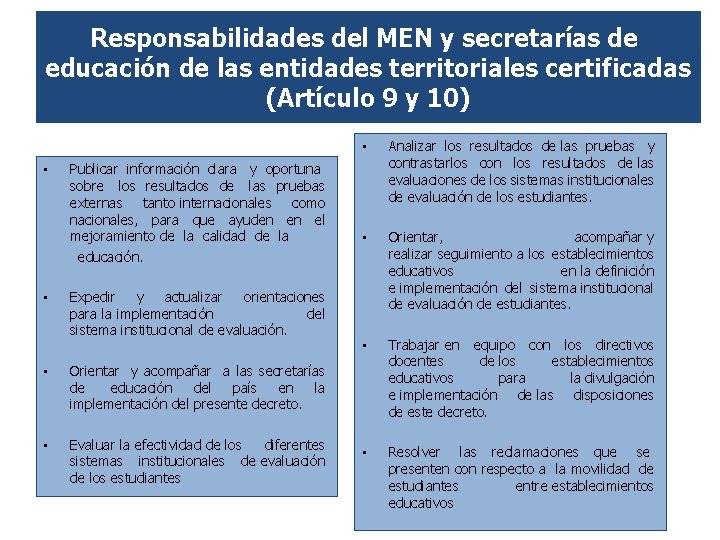 Responsabilidades del MEN y secretarías de educación de las entidades territoriales certificadas (Artículo 9